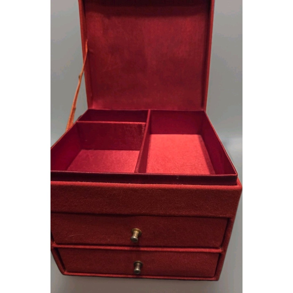 Vintage Red Cloth Square Jewelry Trinket Box 2 Drawer & Top Loading MCM